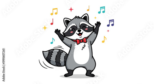 Happy raccoon character dancing with music notes and red bowtie illustration