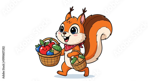 Happy cartoon squirrel carrying a wicker basket full of apples and acorns