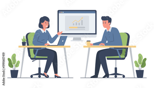 A man and a woman are diligently working side-by-side in a modern office setting.
