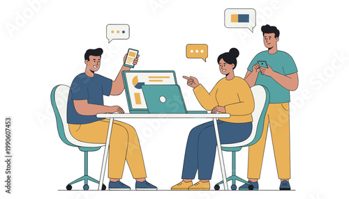 Three diverse colleagues actively collaborate around a laptop and smartphones, discussing ideas and sharing information.