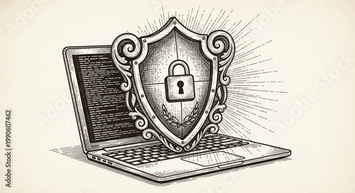 Laptop computer with security shield and padlock drawing.