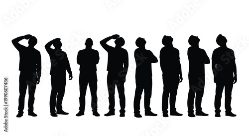 Black silhouette of many men standing in a line gazing upwards isolated on white background