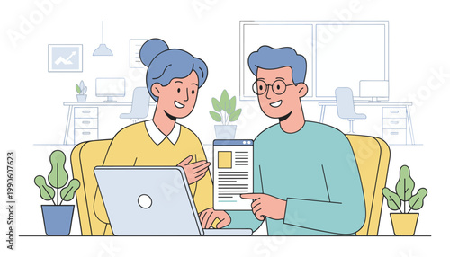 Two smiling colleagues are enthusiastically discussing a project displayed on a laptop screen in an office.