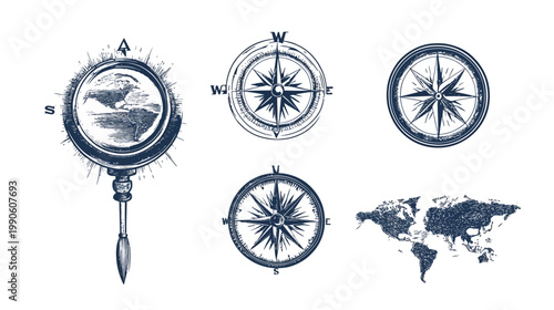 Several vintage illustrations with compasses, globe, and world map, showcasing travel and navigation