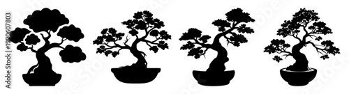 Set of four black silhouette bonsai trees in pots, flat design vector illustration