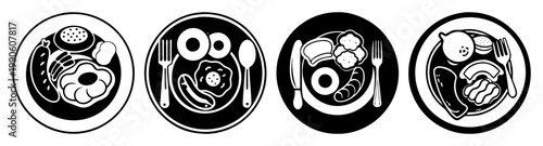 Four Icons Of Full English Breakfast Meals With Different Ingredients, Flat Design Vector Illustration