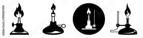 Set of bunsen burner icons with flame, science lab equipment flat design vector illustration