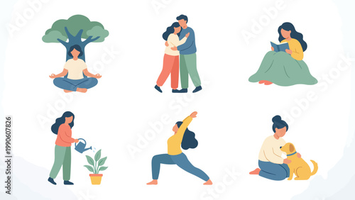 Wellness & Self-Care Activities Vector Set. Healthy Lifestyle Practices: Yoga, Reading, Nature, Pets, Relationships, Mindfulness.