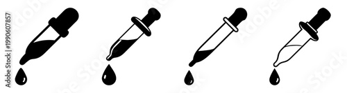 four laboratory pipettes dripping colored liquid flat design vector illustration