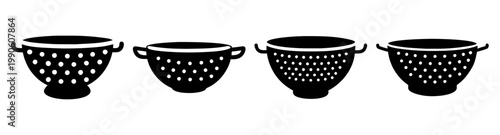 set of four black and white polka dot colanders kitchen utensils flat design vector illustration