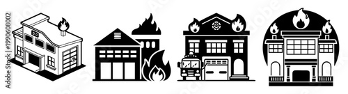 fire station buildings set with fire truck and emergency response flat design vector illustration