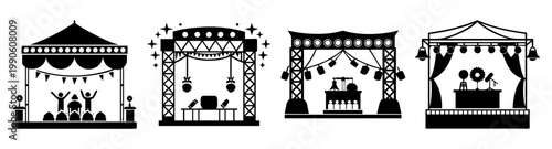 circus festival stage with performers and audience flat design vector illustration