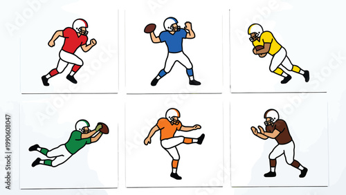 American Football Players: Cartoon Vector Set in Diverse Action Poses