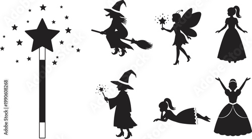 Flat vector illustration, fantasy magic silhouettes, witch fairy wand star gown characters, black white artwork design, mystical cartoon style icons
