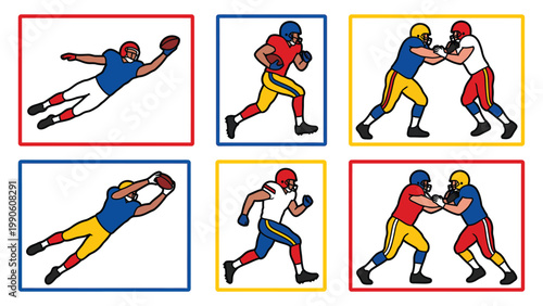 American Football Players Vector Set. Cartoon Athletes in Action: Catching, Running, Tackling, Blocking. Sports Illustration