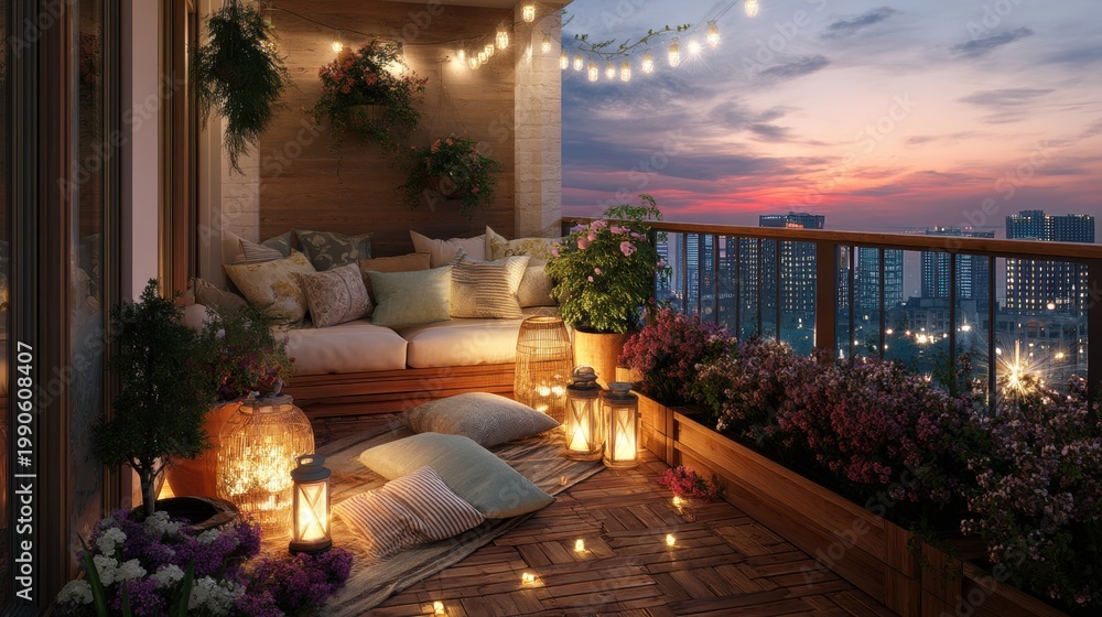 Naklejka premium Cozy balcony with sofa and lanterns at sunset. Scenic city view from luxury outdoor lounge area. Relaxing evening atmosphere with decorative lights and plants for home decor design.