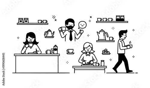 Office workers tea break pantry scene simple line art vector with minimal characters for business concepts