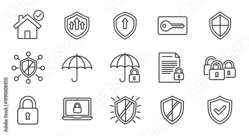 Collection of security and protection icons for data, network, and personal safety, including home, shield, and lock symbols