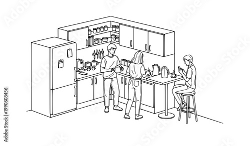 Office pantry tea time scene with staff relaxing detailed line art vector illustration workplace interior
