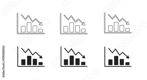 A collection of six down-trending bar chart icons, depicting financial decline or negative growth in business or economic contexts