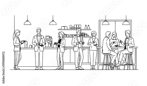 Modern office pantry tea break line art illustration with employees socializing in workplace vector