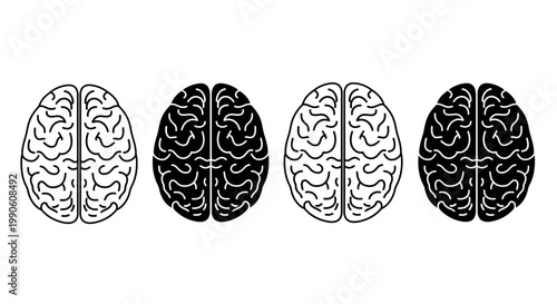 Human brain icons in line art and solid black, illustrating left and right hemispheres. Perfect for concepts of cognition, neurology, and mental duality