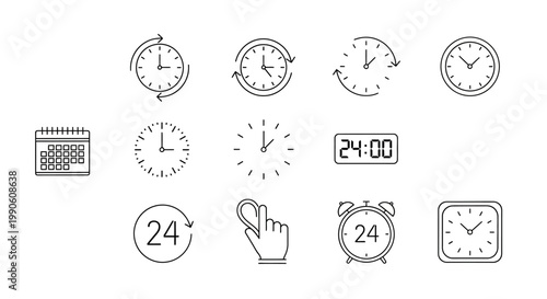 Modern Vector Line Icons Set for Time Management, Scheduling, and Digital Clock Displays Including Calendar, Stopwatch, and 24-Hour Service Symbols