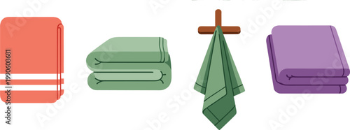 Bathroom Towel Set Illustration with Folded Towels and Hanging Cloth on Rack in Soft Colors for Home, Spa, Laundry, and Textile Design