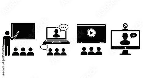 Illustrations depicting an online class or remote learning session with students and instructors via video conference and laptops