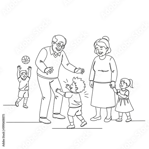 Elderly couple with three happy children.