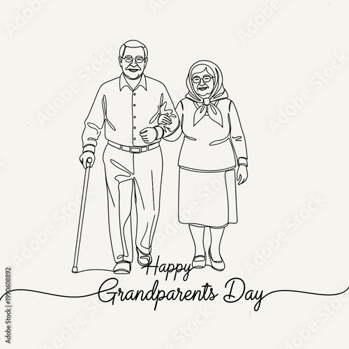 Elderly couple walking together happily.