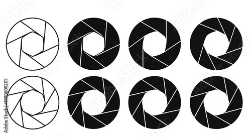 Set of Aperture Icons in Black and White, Representing Camera Lens Functionality