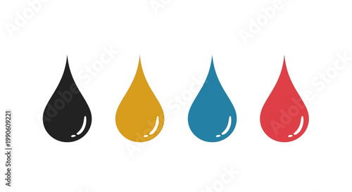 CMYK color palette represented by four distinct ink drops black, yellow, cyan, and magenta, symbolizing printing and graphic design