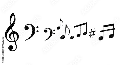 A collection of musical notes and symbols, including a treble clef, bass clef, and various eighth notes and accidentals