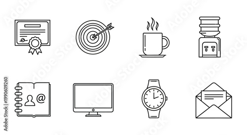 Set of office and business icons including certificate, target, coffee cup, water cooler, notebook, computer, watch, and envelope