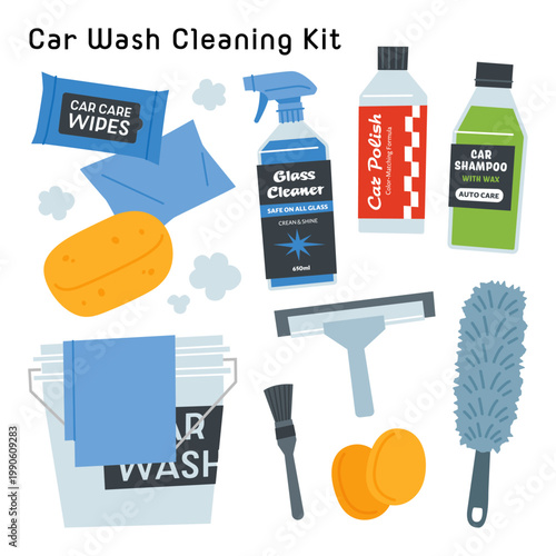 手洗い洗車ツール一式のフラットベクター（家庭用カーケア）