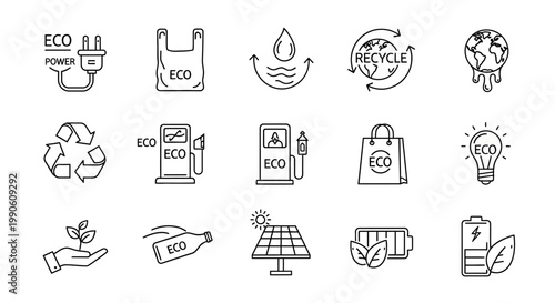 Set of eco-friendly icons representing sustainable energy, recycling, and environmental conservation for a greener future