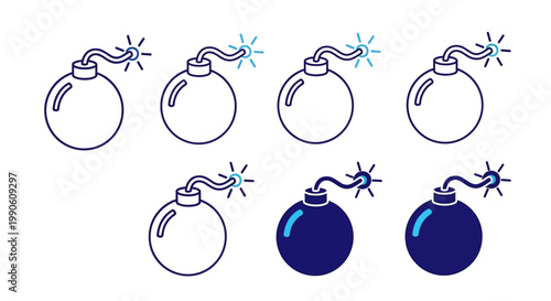 Various stylized bomb illustrations with fuses and glowing sparks, representing danger or explosive concepts