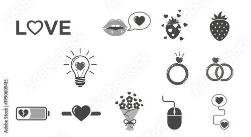 A conceptual collection of diverse black and white vector icons, thoughtfully designed to symbolize love, romance, affection, and the myriad emotions associated with relationships