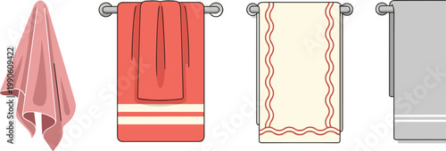 Bathroom Towel Vector Set with Hanging Cloth on Rack, Folded Fabric, and Minimal Home Textile Illustrations for Laundry and Hygiene Design