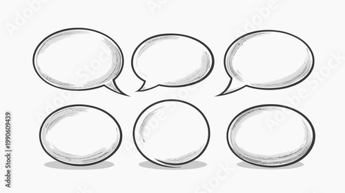 Comic book style speech bubbles. Varying shapes with thick black outlines and shadows, on white