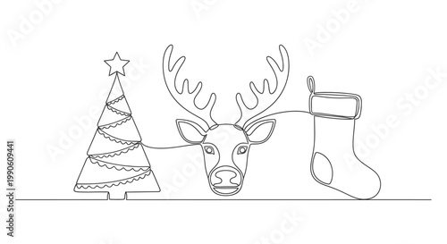 Single line drawing of a Christmas tree, reindeer head and stocking, festive holiday illustration