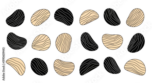 Abstract Representation of Seamless Pattern Featuring Alternating Black and Beige Curved Shapes with Parallel Lines