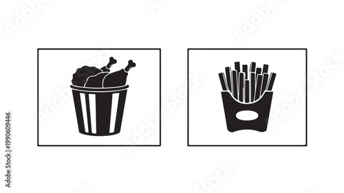Black and white icons of fast food items for restaurant or food concept
