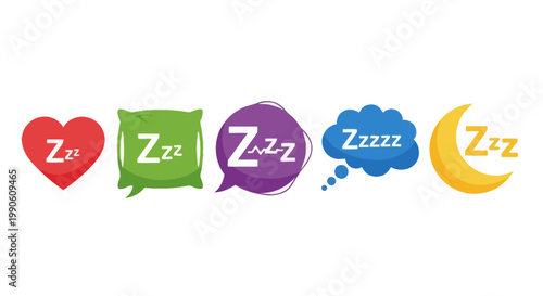 Vibrant set of five sleep icons, featuring 'Zz' symbols on a heart, pillow, speech bubble, thought bubble, and crescent moon, embodying concepts of rest, dreams, and relaxation