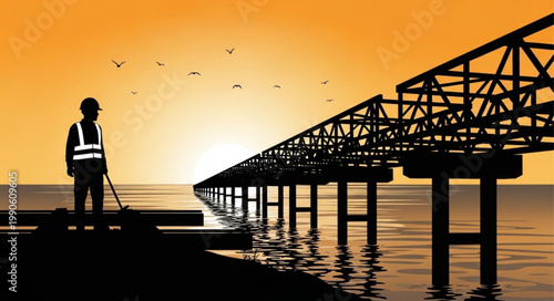 Silhouette of construction worker overseeing bridge construction at sunset.