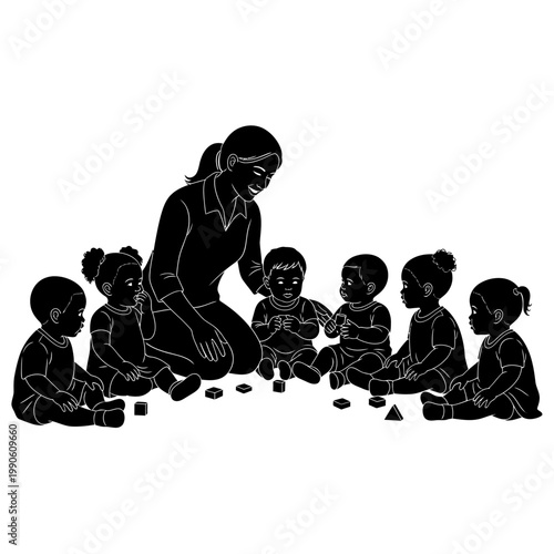 Woman and children playing with blocks.