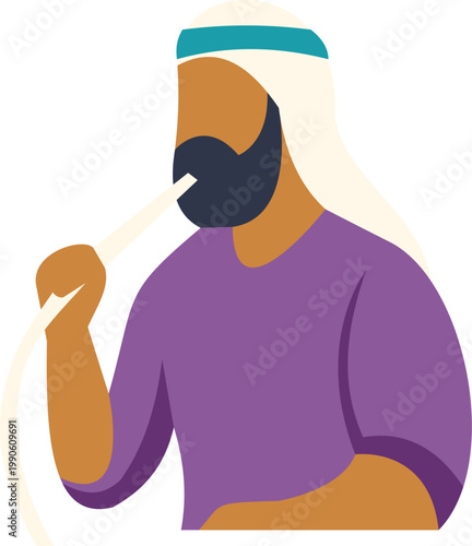 Arab man with traditional headwear and beard enjoying a shisha hookah