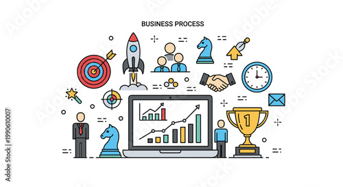 Business process illustration displays a laptop with data charts surrounded by a rocket target trophy and various strategy icons.