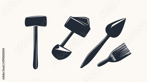 Stylized tools; hammer, shovel, paintbrush, and brush against a neutral backdrop
